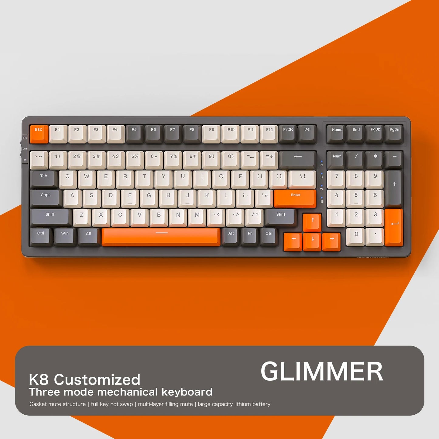 K8 100 Key Wireless Mechanical Keyboard Tri-mode Connection,Full Key Hot Swap,lighting Effects,Gasket Muffler Structure, Laptops