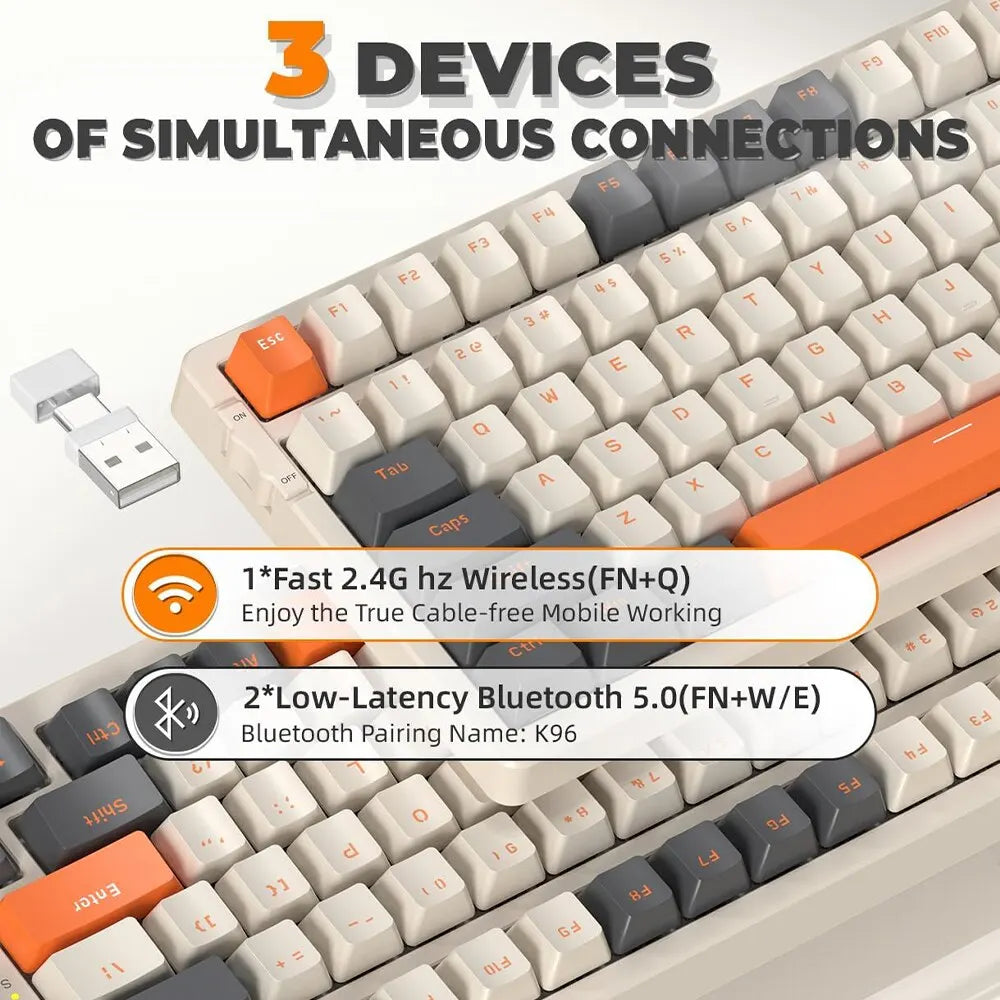 K96 Wireless Mechanical Keyboard | Dual Mode 2.4G & BT5.0 | Hot-Swappable Red Switches | 2-in-1 Receiver