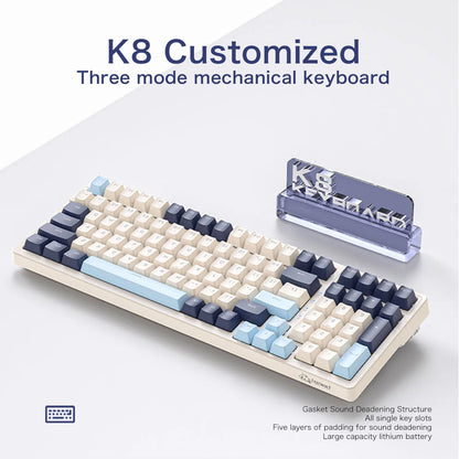 K8 100 Key Wireless Mechanical Keyboard Tri-mode Connection,Full Key Hot Swap,lighting Effects,Gasket Muffler Structure, Laptops